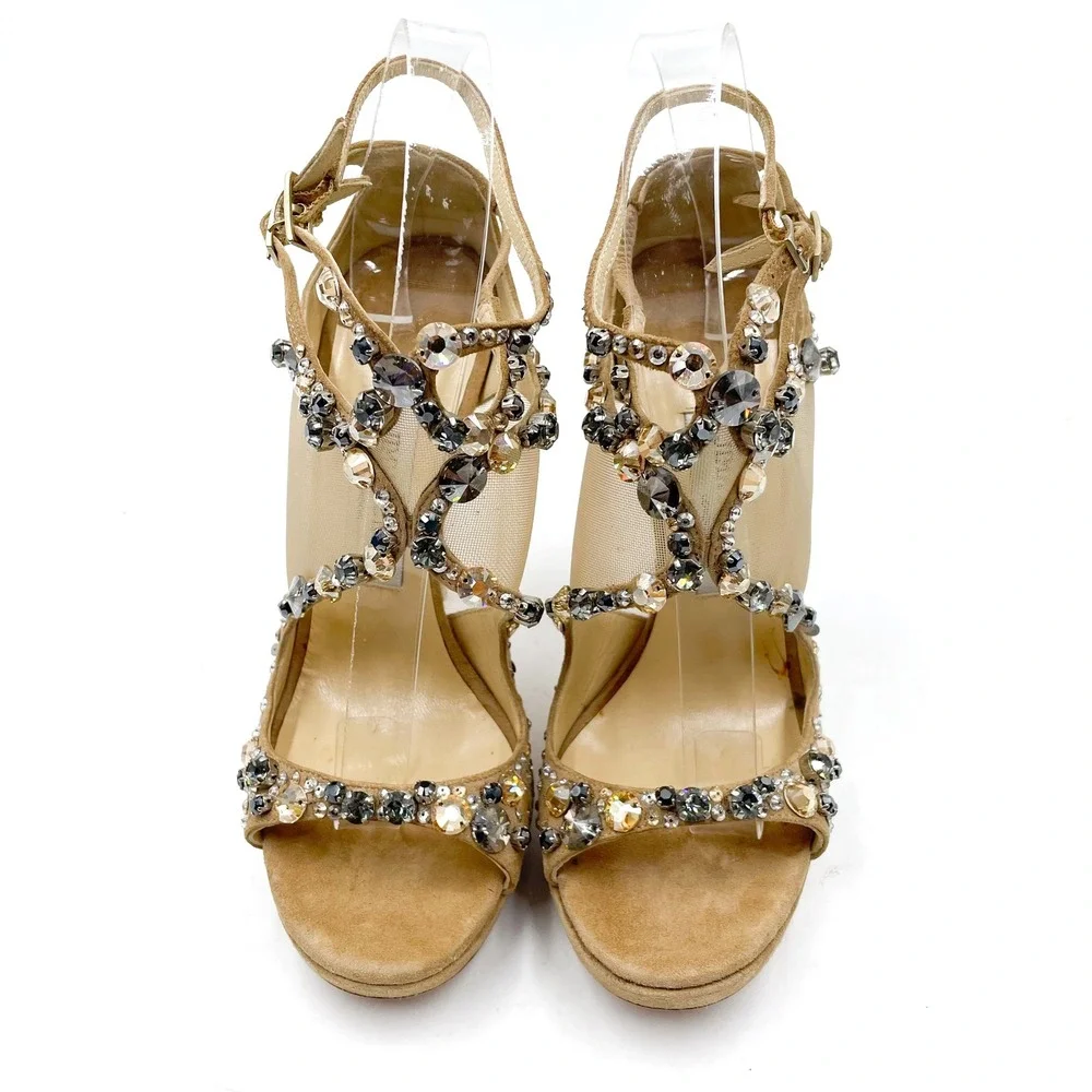 Jimmy Choo Viola Crystal‎ Sandals Tan Suede Strappy Heels Sz 37.5 / 7.5 US
